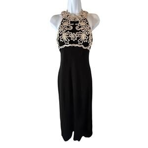 Vtg 90s Jessica McClintock Gunne Sax Embroidered Halter Chiffon Gown Black 3/4